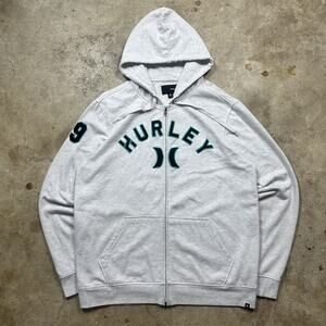Y2K Light Grey Hurley Big Logo Spellout Zip Up Hoodie Size XL